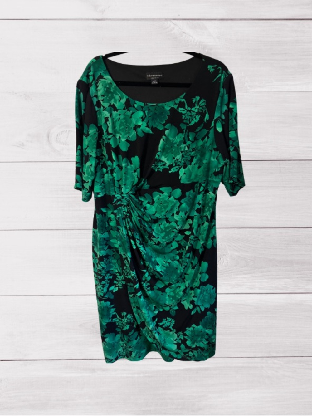 Connected Apparel Black and Green Floral Ruched Midi Dress 3/4 sleeves